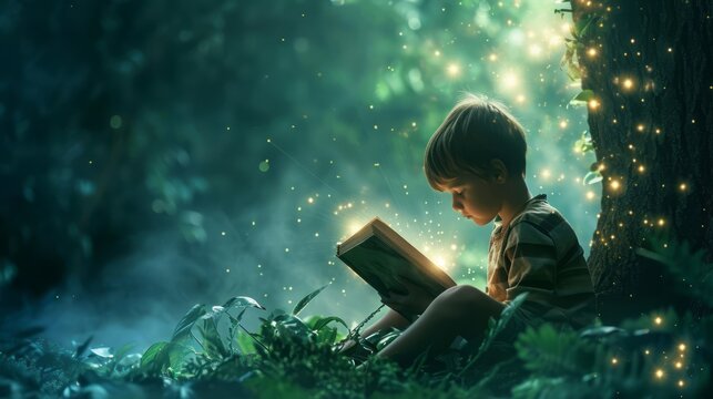 Fototapeta a cute young boy kids opens and reads a fairy tale story fantasy book and immerses with his childhood imagination in creative magic world sitting outdoors in a park at a tree