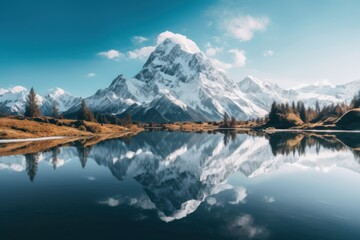 A majestic snow-capped mountain peak reflecting in the still waters of a crystal-clear lake Ai Generative