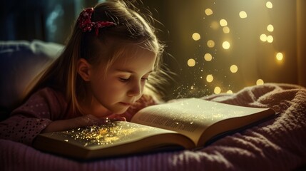 a cute young girl kid opens and reads a fairy tale story fantasy book and immerses with his childhood imagination in creative magic world sitting in his room