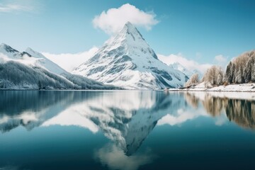 Fototapeta na wymiar A majestic snow-capped mountain peak reflecting in the still waters of a crystal-clear lake Ai Generative