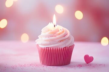 Cupcake with a candle on a pastel background Ai Generative