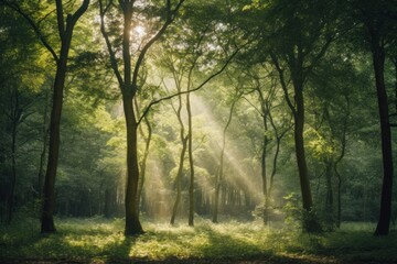 Forest with the sun rays peeking through the trees Ai Generative