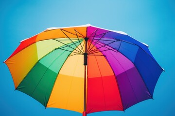 Fototapeta na wymiar Rainbow umbrella on a blue background with raindrops Ai Generative