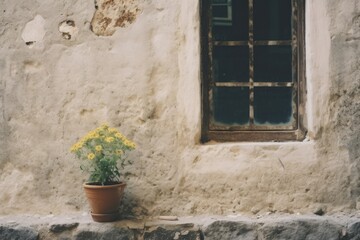 Fototapeta na wymiar Stone wall with a window and a flower pot Ai Generative