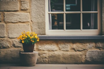 Fototapeta na wymiar Stone wall with a window and a flower pot Ai Generative