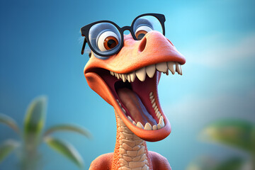 funny 3D dinosaur character wearing glasses - obrazy, fototapety, plakaty
