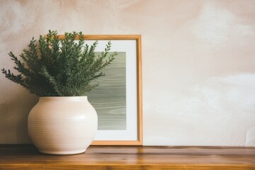 Succulent plant in a ceramic pot on a wooden shelf with a wall art Ai Generative