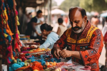 Street vendor selling handmade crafts, with colorful and intricate designs Ai generative