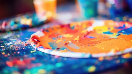 Closeup of a paintsplattered palette, showcasing a variety of vibrant colors being used in the creation of a live mural painting.