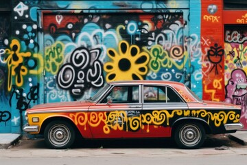 Vintage car parked in front of a colorful mural with graffiti and stickers Ai generative