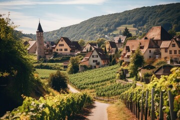 Fototapeta premium European village nestled amidst rolling hills Ai generative