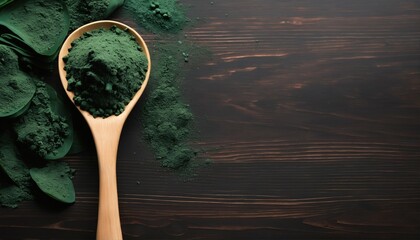 Top view of green spirulina powder on a dark wooden table, a natural supplement for immunity and health, known for lowering cholesterol and blood pressure