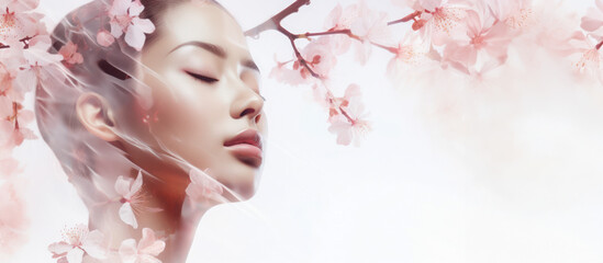 Delicate cherry blossoms frame an asian  woman's profile in a dreamlike fusion, symbolising beauty and renewal, Banner with copy space 
