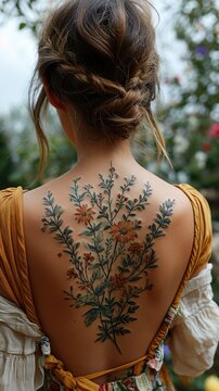 Artistry on skin: creative and beautiful tattoo adorning the back of a woman's body, a masterpiece of personal expression and aesthetic allure, celebrating the beauty of individuality