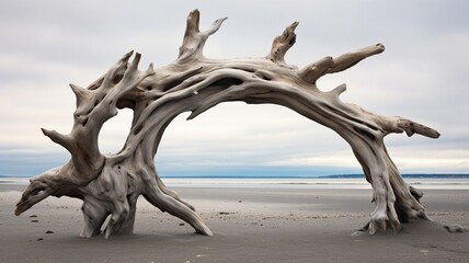Driftwood sculptures naturally formed on Hokkaido's beach, showcasing the artistry of the coastal elements  -Generative Ai
