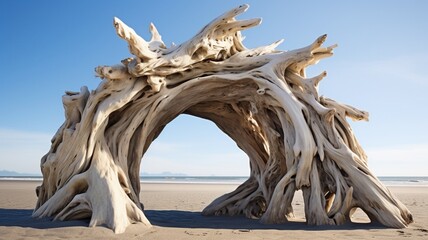 Driftwood sculptures naturally formed on Hokkaido's beach, showcasing the artistry of the coastal elements  -Generative Ai
 - obrazy, fototapety, plakaty