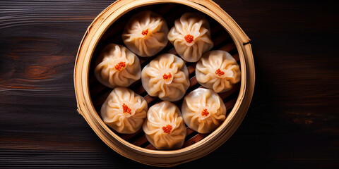 a beloved hot meat dish, serves as a culinary emblem, representing the gastronomic diversity and traditions Steamed  dumplings, a delicious pork filled appetizer in bamboo steamer.AI Generative