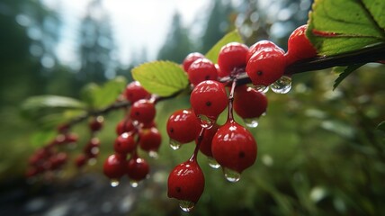 Droplets of water sliding down cranberry vines after a rainstorm, capturing nature's resilience  -Generative Ai
 - obrazy, fototapety, plakaty