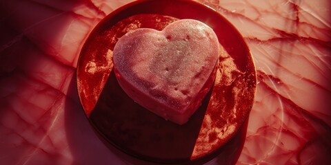 In Love, Heart Cake, Valentine, 80s still life photography, heart-shaped cake, red velvet tablecloth, glitter, view from above, evening light, red and pink tones, luxury, Valentine's Day, Love me