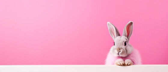 close-up little rabbit with pink clothes on pink background with copy space for text