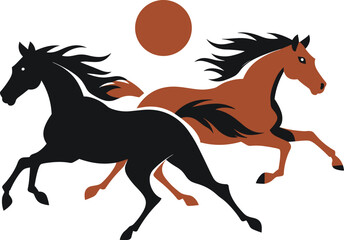 Two running horses, one black and one brown, with a stylized sun. Equestrian, freedom concept vector illustration.