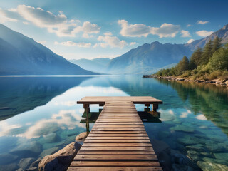 A wooden pier sits on a serene lake surrounded by trees and mountains
