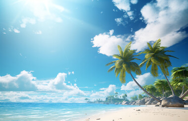 tropical beach with coconut palm trees, sea sand sun, panoramic view with copy space, illustration