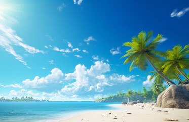 tropical beach with coconut palm trees, sea sand sun, panoramic view with copy space, illustration