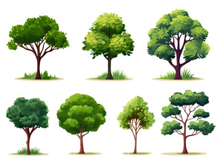 seven green trees isolated on white background. illustration, generative ai