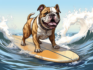puppy english bulldog playing with a surfboard on the sea, paint, illustration