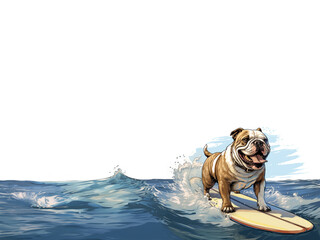 puppy english bulldog playing with a surfboard on the sea, paint, illustration, white copy space for text