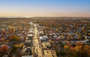 Aerial view of Bellmore Long Island in autumn at sunset