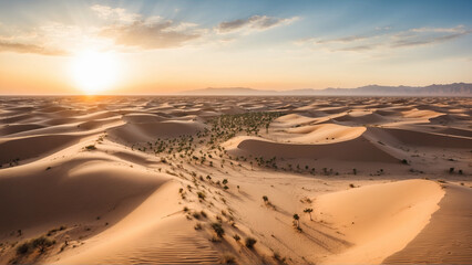 Fototapeta na wymiar A vast desert with an oasis in the middle when the sun sets behind the dunes seen from a drone's perspective