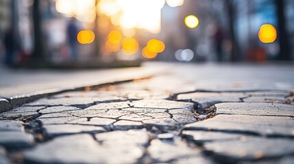 A closeup of a cracked sidewalk, highlighting the need for proper maintenance and accessibility solutions in urban planning. - obrazy, fototapety, plakaty
