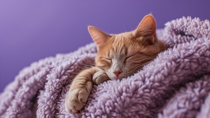 Orange cat sleeping peacefully in a purple knitted blanket