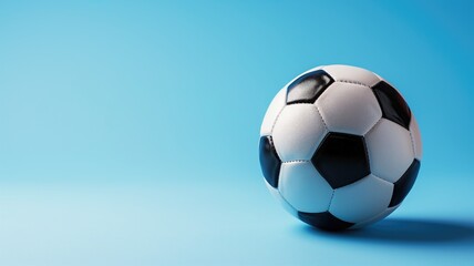 A classic black and white soccer ball against a blue background