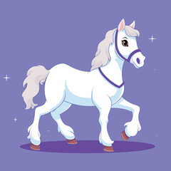 Obraz na płótnie Canvas White majestic cartoon horse with purple harness on purple background. Magical stallion with shining mane and cute expression vector illustration