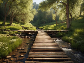 Lush green forest with a wooden bridge crossing over a small stream