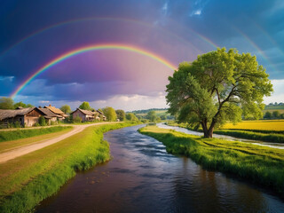 A beautiful scene of a river with houses on either side and a rainbow in the sky
