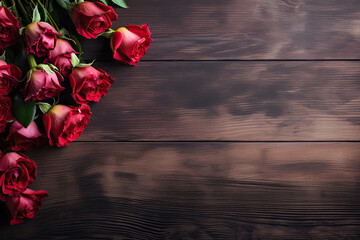 Naklejka na ściany i meble Top view of natural and fresh red roses on dark wooden surface. Flowers bunch wallpaper or background with copy space for text. Generative AI.