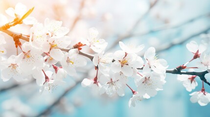 Obraz premium Branches of blossoming cherry macro with soft focus on gentle light blue sky background in sunlight with copy space. Beautiful floral image of spring nature panoramic view., generative ai