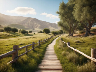 A wooden pathway is surrounded by lush green grass on mountain background