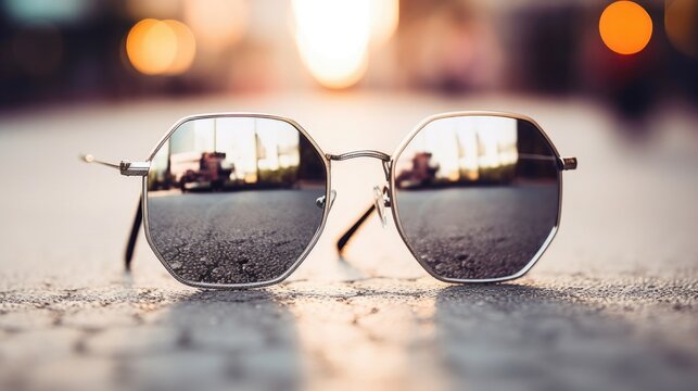 Closeup of a fashionable pair of mirrored hexagonal sunglasses with thin silver frames.