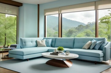 Modern house interior with comfortable sofa with beautiful natural view. modern living room with sofa