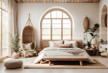 bedroom with a stylish boho interior composition