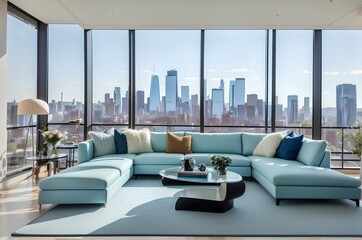apartment living room decoration with sofa and urban building view. interior of a office
