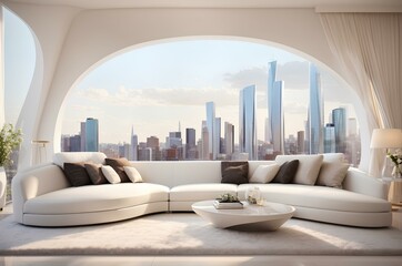 sofa in modern office room facing window with view of city buildings