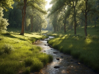 A serene scene of a stream flowing through a lush green forest