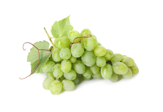 Fresh ripe grapes and leaves isolated on white