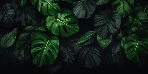 Monstered leaves textured wallpaper. Creative abstract surface banner For postcard book illustration Tropical summer green leaves background panoramic.AI Generative
